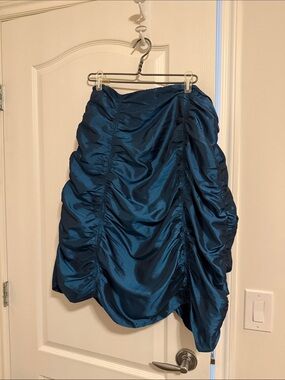 Asymmetrical Ruched Satin Skirt in Teal
